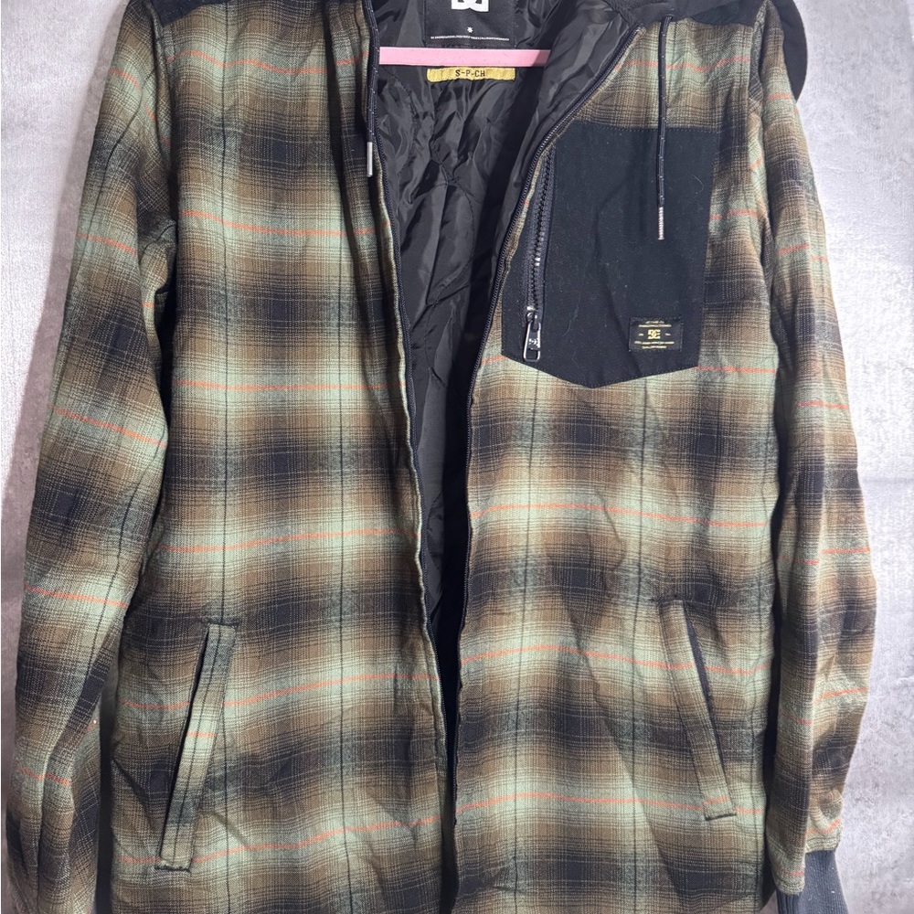 DC Men's small Checkered Jacket - Black and Tan EUC